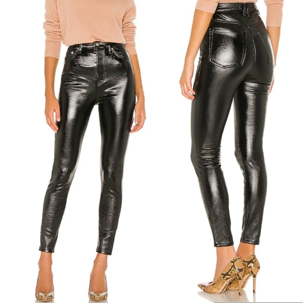 Free People Pheonix Coated Skinny High Rise Jeans in Liquid Black 31